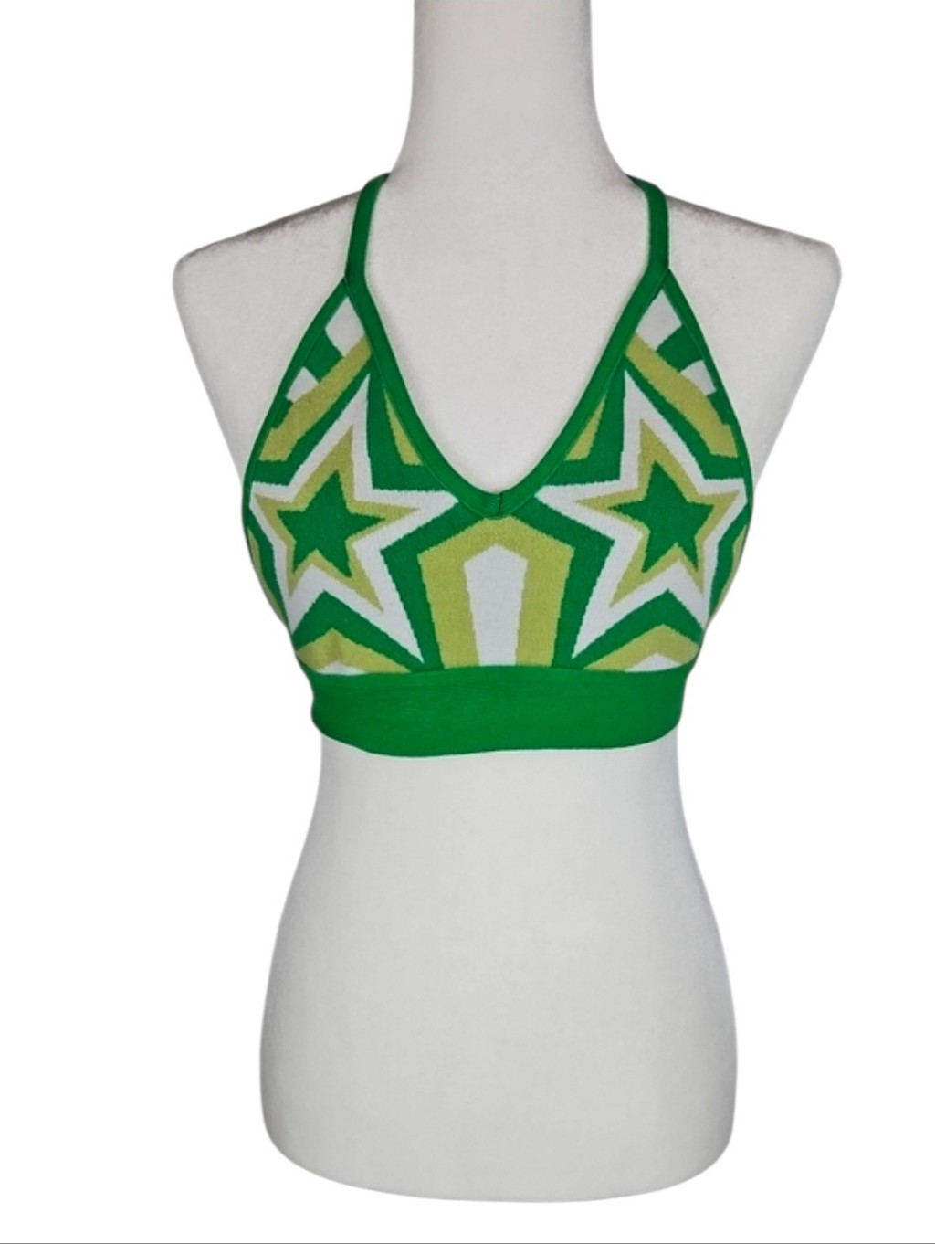 Green Star Knit Halter Crop Top 70s Style Retro Colorful Sexy Disco Party, S-M